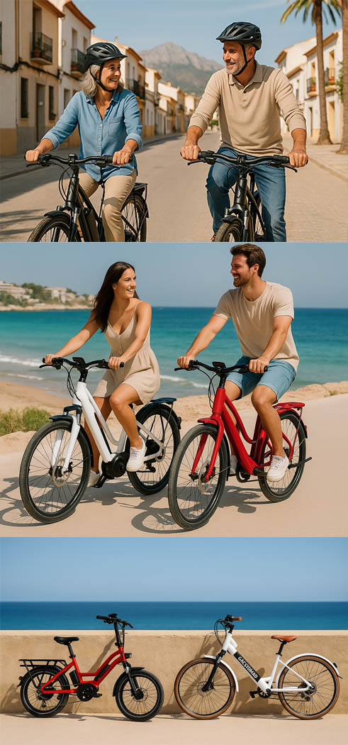 Two couples cycling with Blanca Bikes' e-bikes